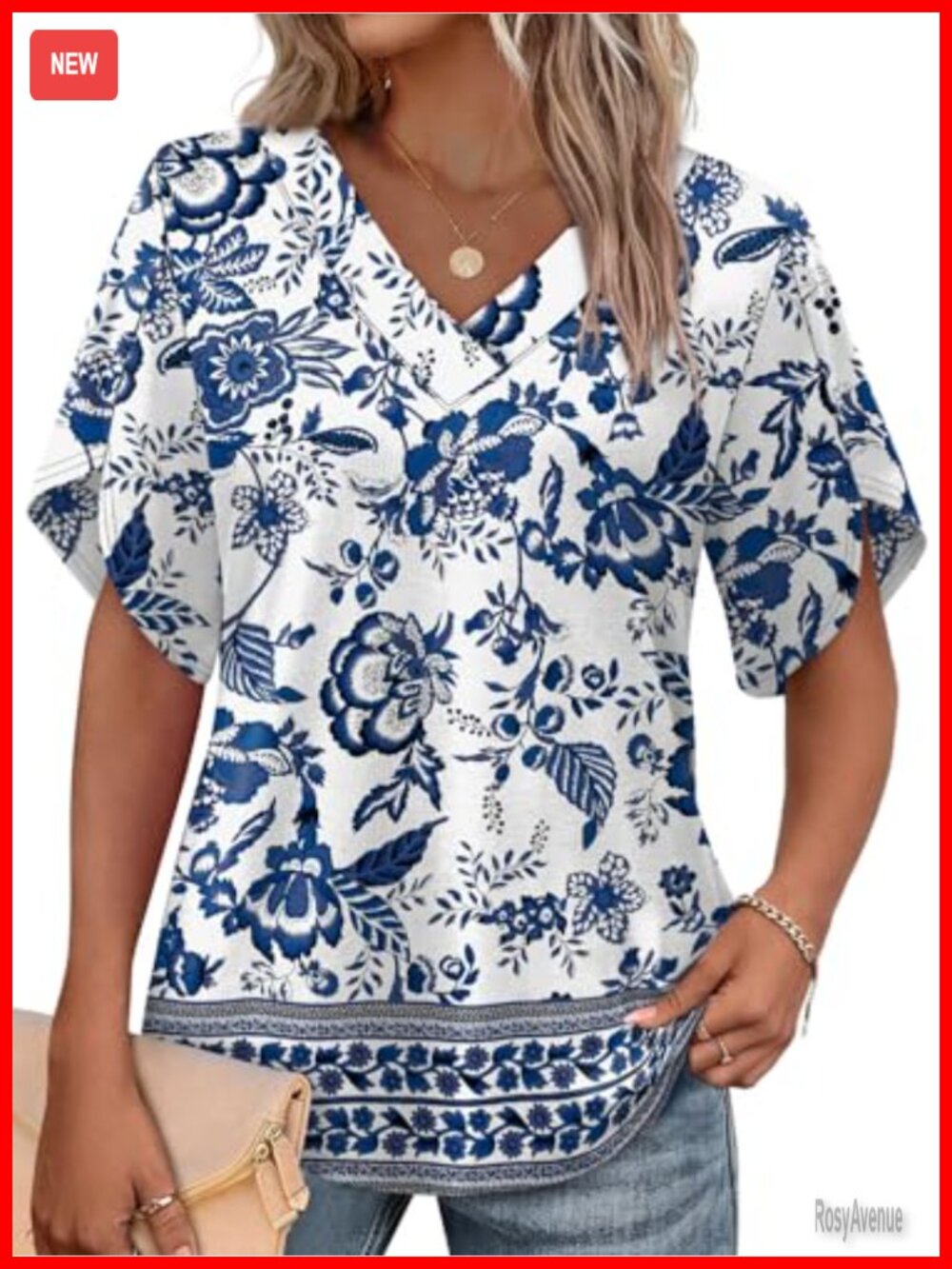 Womens V-Neck Short Sleeve Peasant Top with Petal Sleeves Floral Blouse